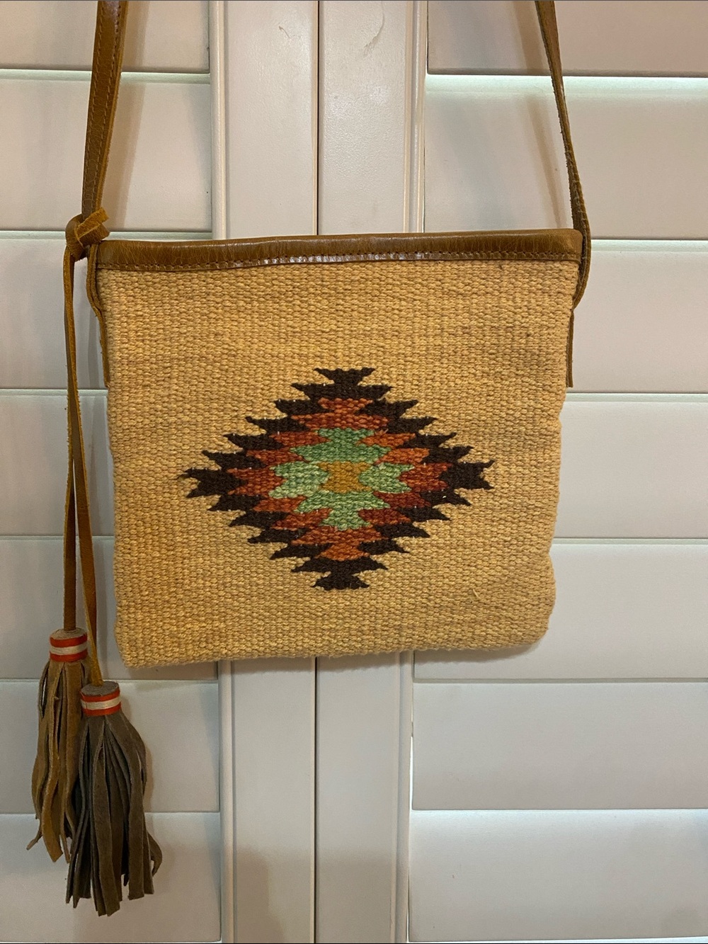 Boho Tan Woven Crossbody Bag with Aztec Motif & leather strap 8” x 8”